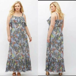 NEW LANE BRYANT Pleated Ruffle Maxi Dress Women’s Size 18 Blue Paisley Tie Belt